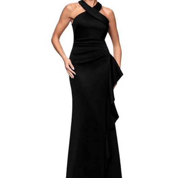 Xscape Black Ruffle Crisscross Halter Scuba Crepe Gown